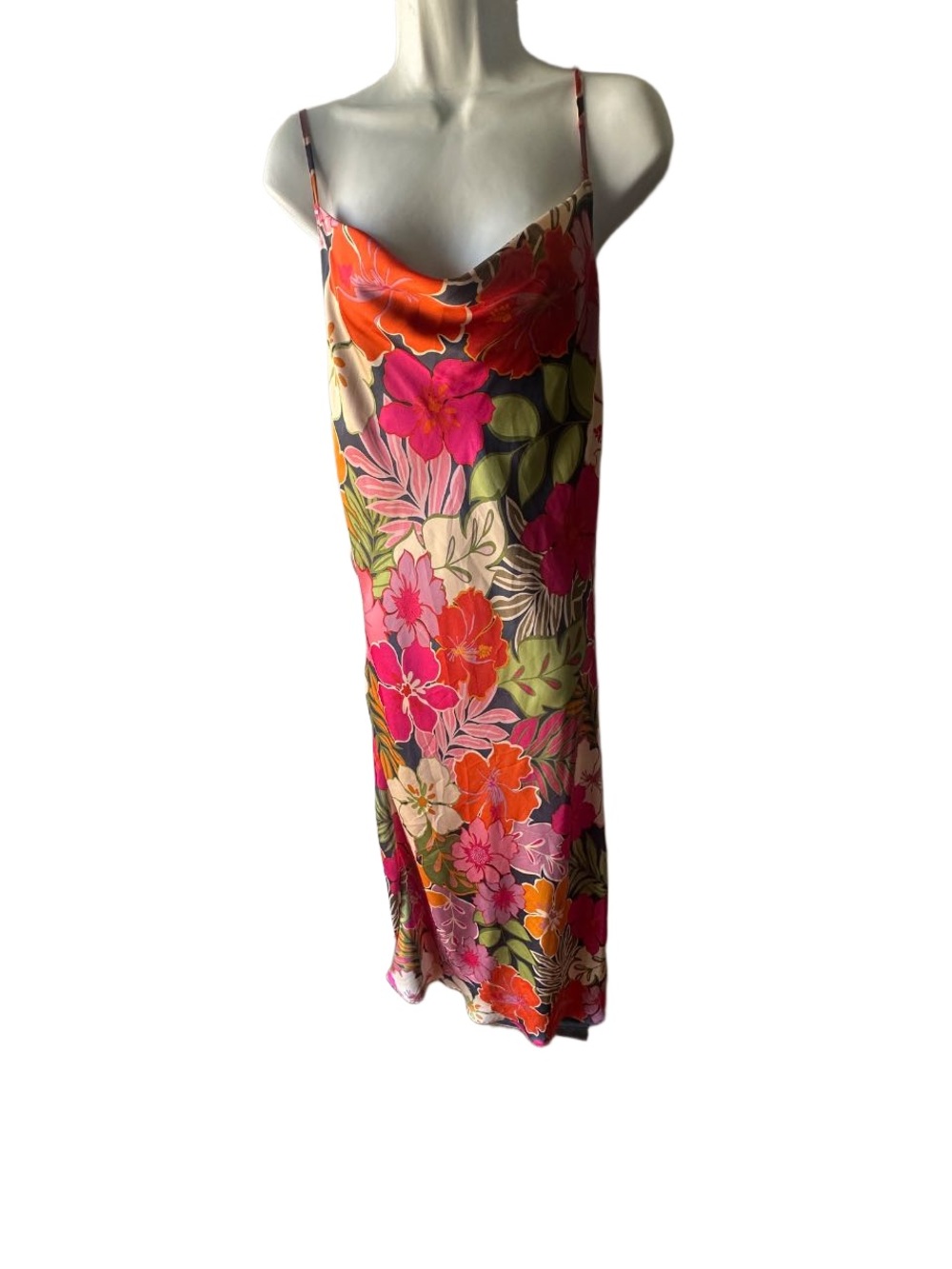 VICI Floral Satin Maxi Slip Dress Women’s M Cowl Neck Spaghetti Straps